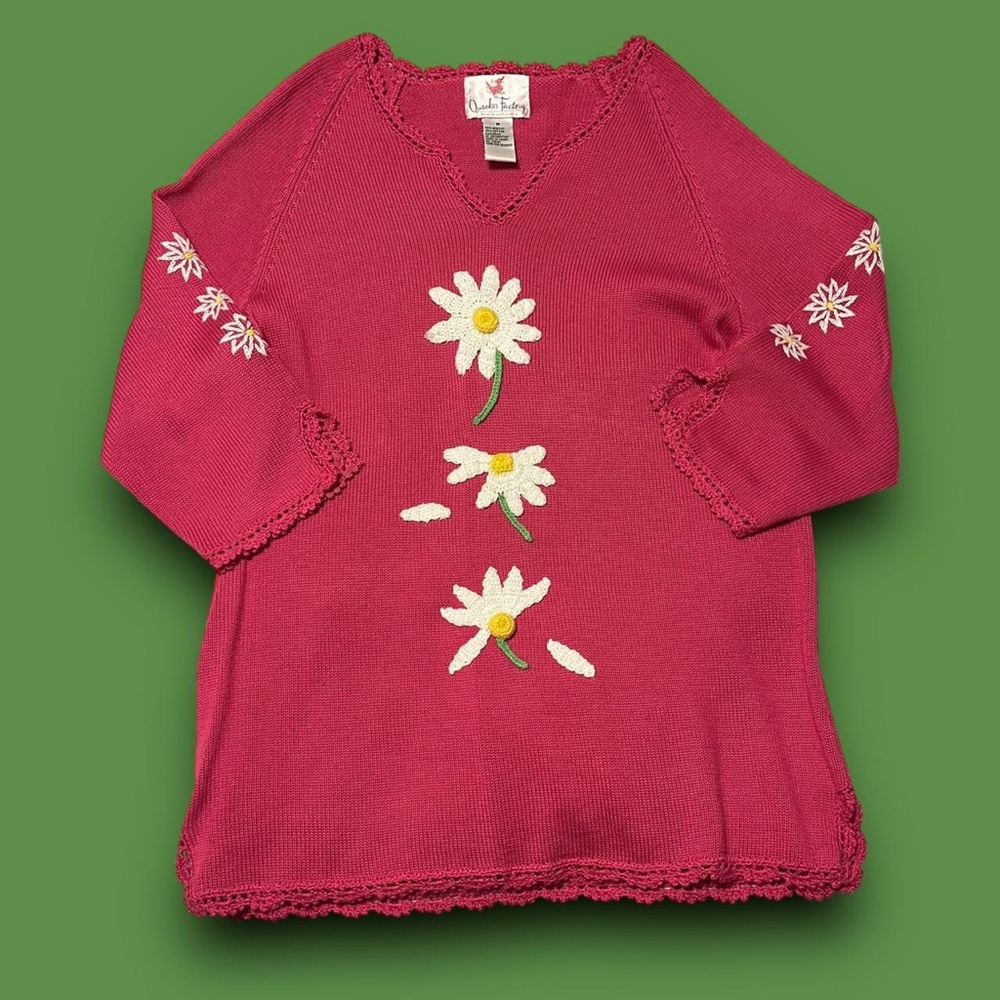 Y2K Quacker Factory Daisy Embroidered Sweater Size Medium Cottagecore Kitschy